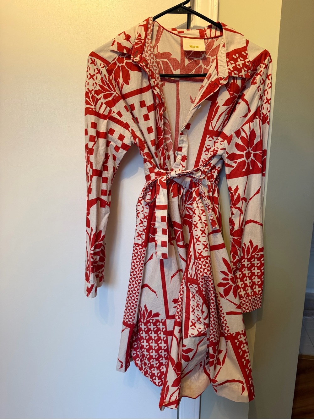 Red & Cream Printed Tie-Waist dress